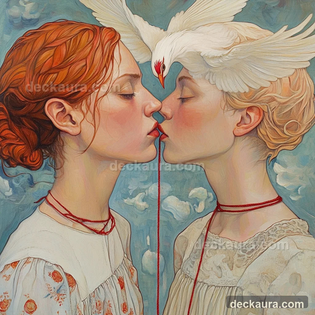 Two lovers meet across a red thread beneath a white phoenix-like bird in a blue sky