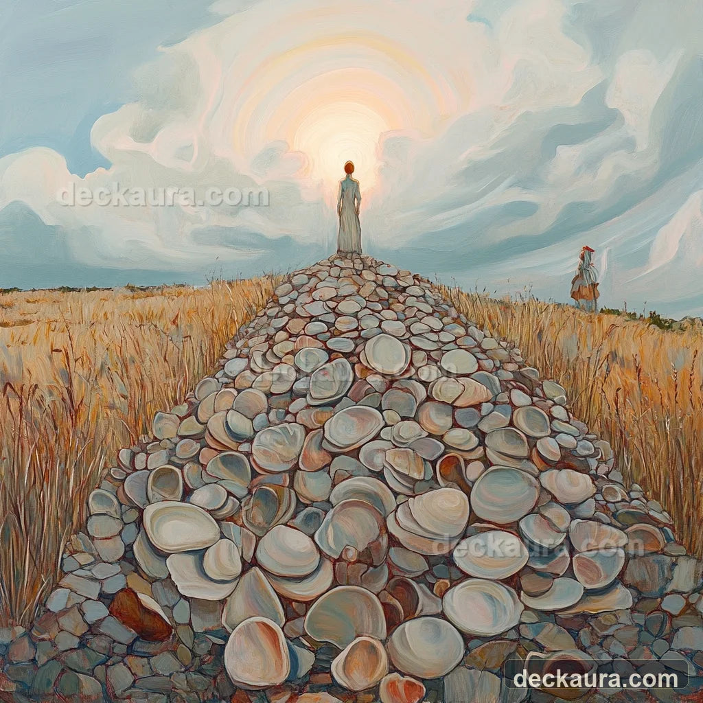 A luminous figure at the end of a shell-covered path while another person watches from a field