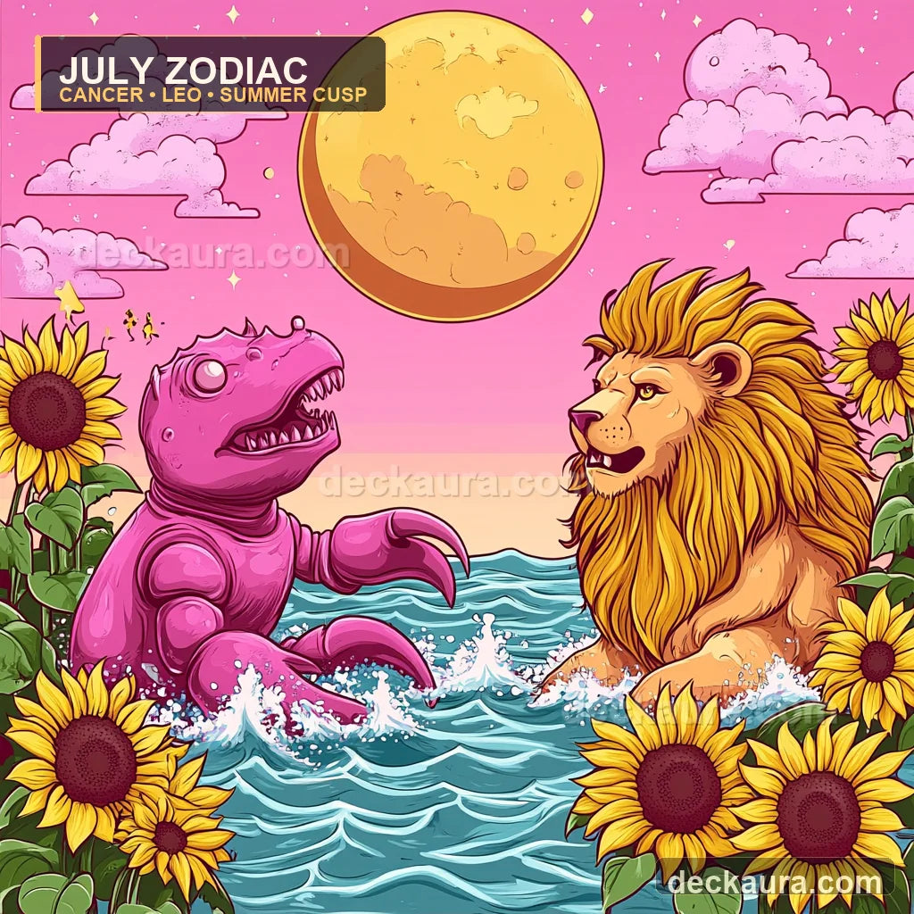 A vibrant Cancer sea creature and Leo lion meet between moonlit water and a field of sunflowers