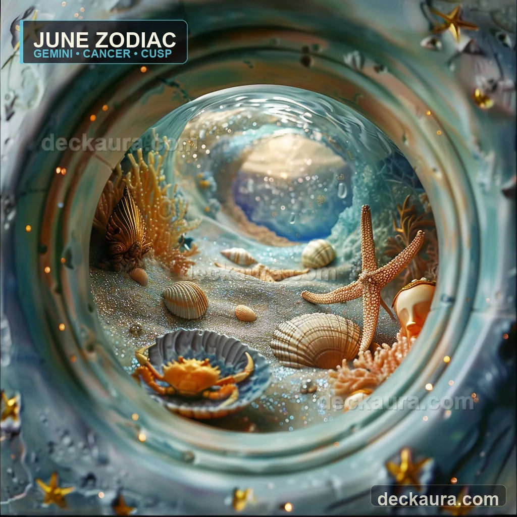 A glowing circular portal reveals a moonlit Cancer crab, seashells and mirrored June star lights