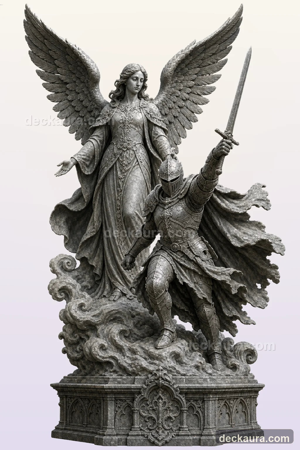 A winged stone angel stands behind a charging medieval knight who raises a single sword