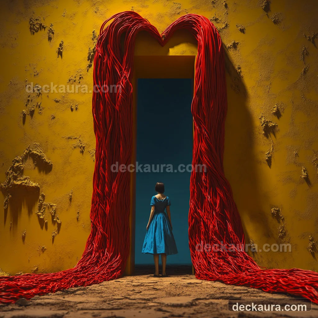 A solitary woman facing an open heart-shaped doorway woven from red threads