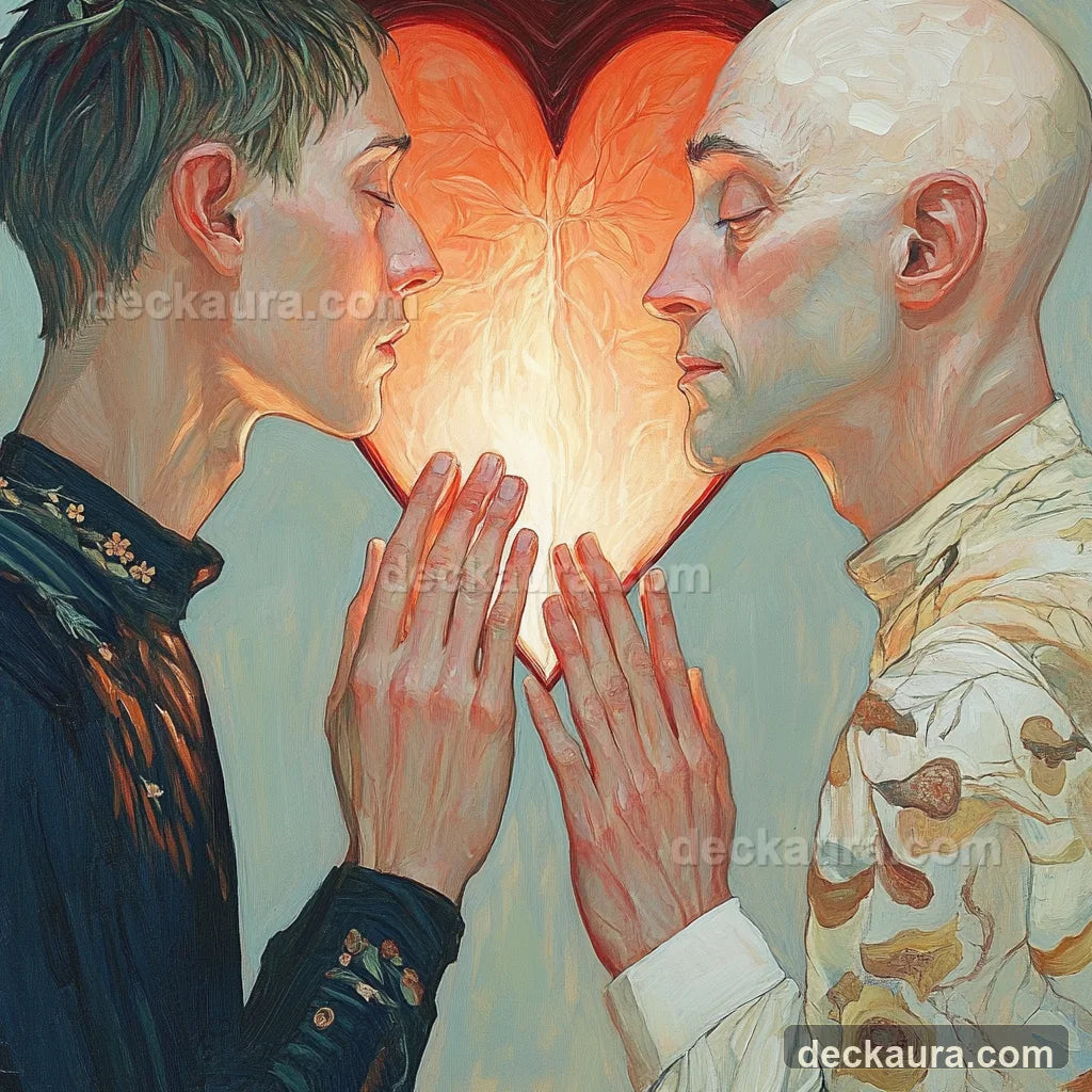 Two people face each other with hands nearly touching around a luminous heart