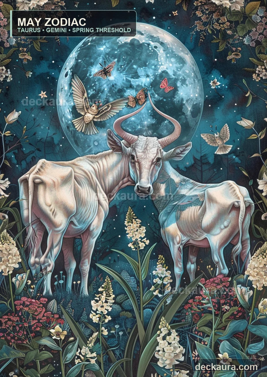 Two pale bulls stand among May flowers beneath a full moon while birds and butterflies cross the sky