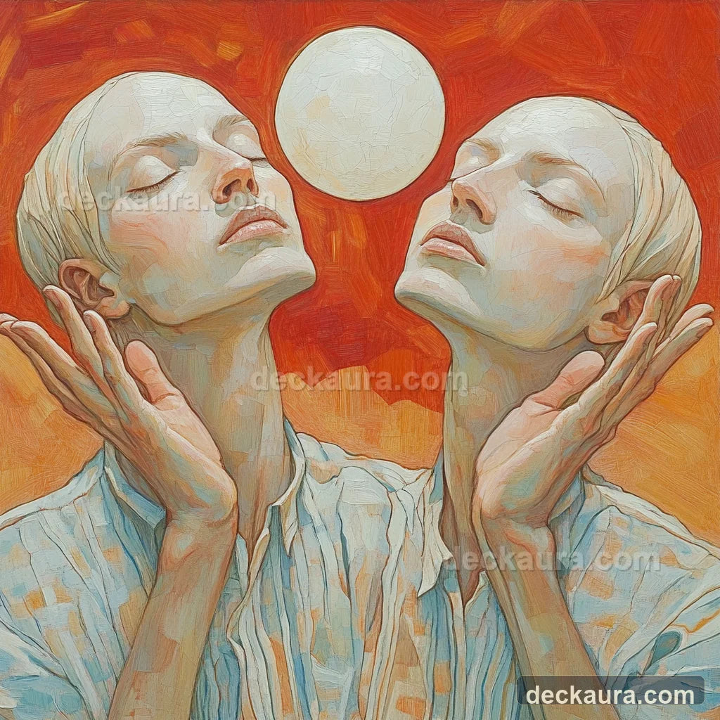 Two mirrored figures lift open hands toward a shared white moon