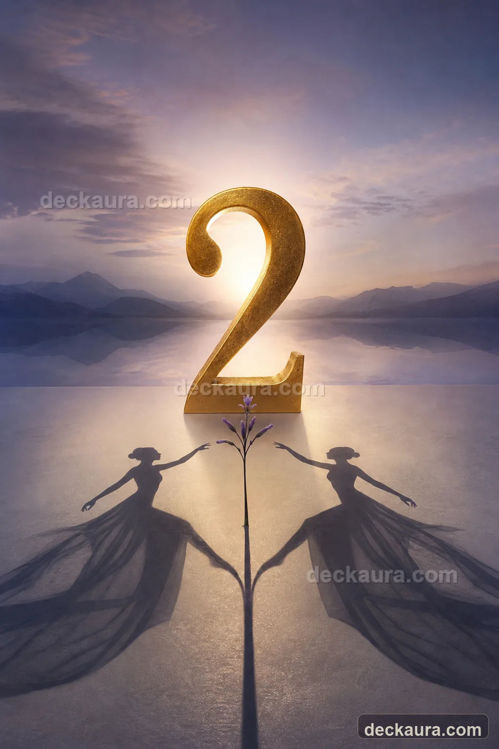 A monumental golden number two rises above two mirrored silhouettes beside a reflective lake