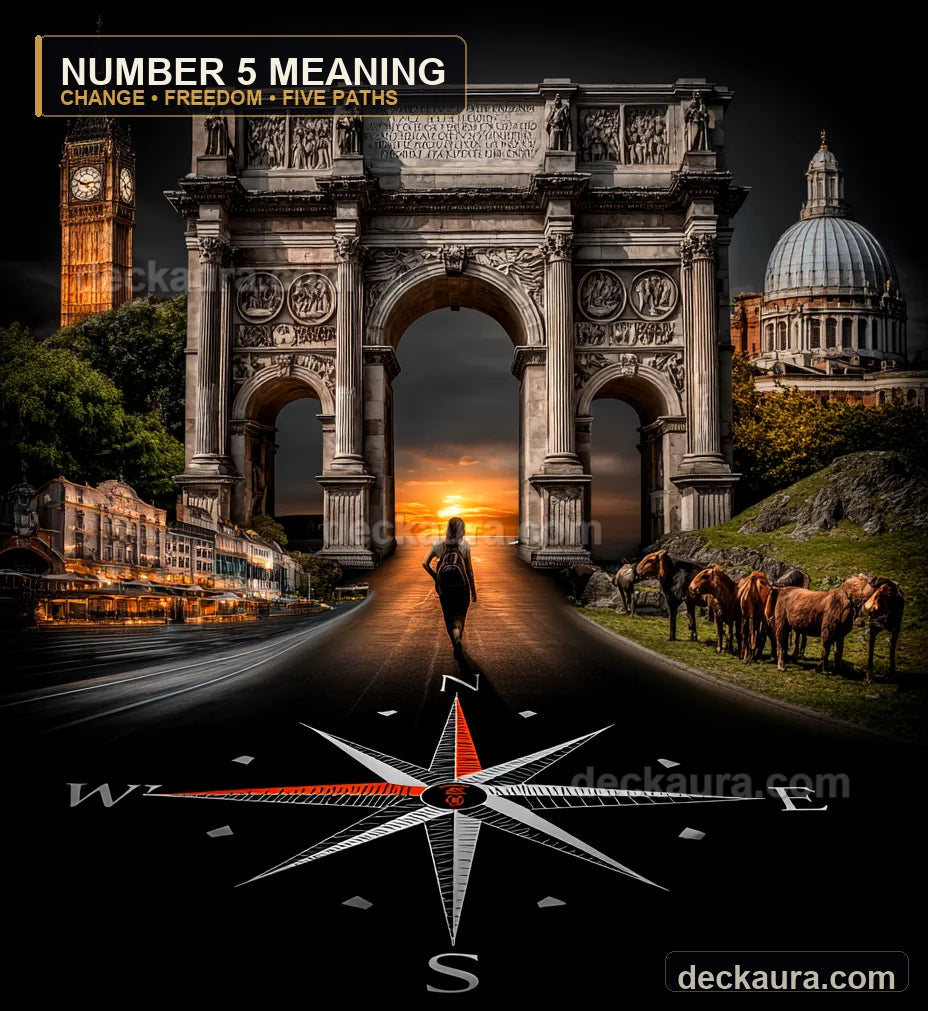 A lone traveler follows a road through a monumental arch toward sunset above a five-point compass rose