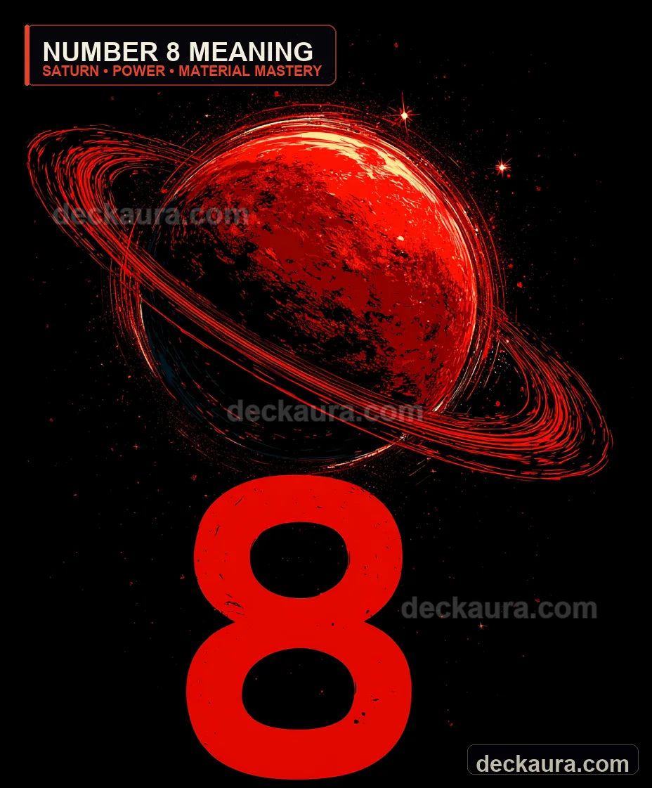 A blazing red number eight anchors a ringed Saturn-like planet against a black cosmic field