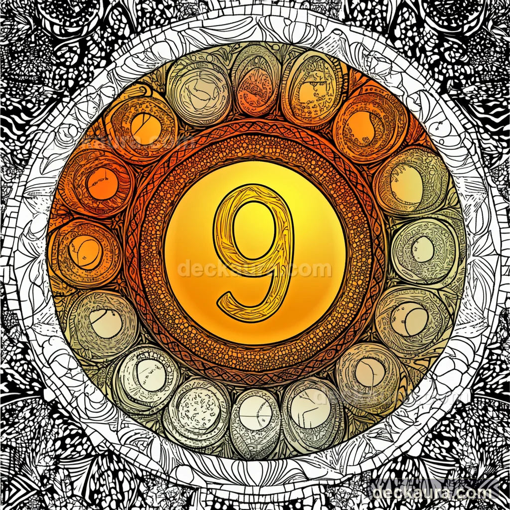 A golden number nine glows at the center of concentric lunar mandala rings
