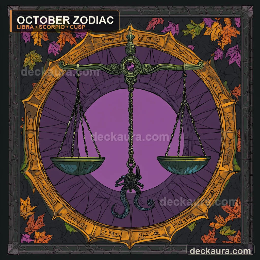 Golden Libra scales balance above a black Scorpio scorpion inside an autumn zodiac wheel