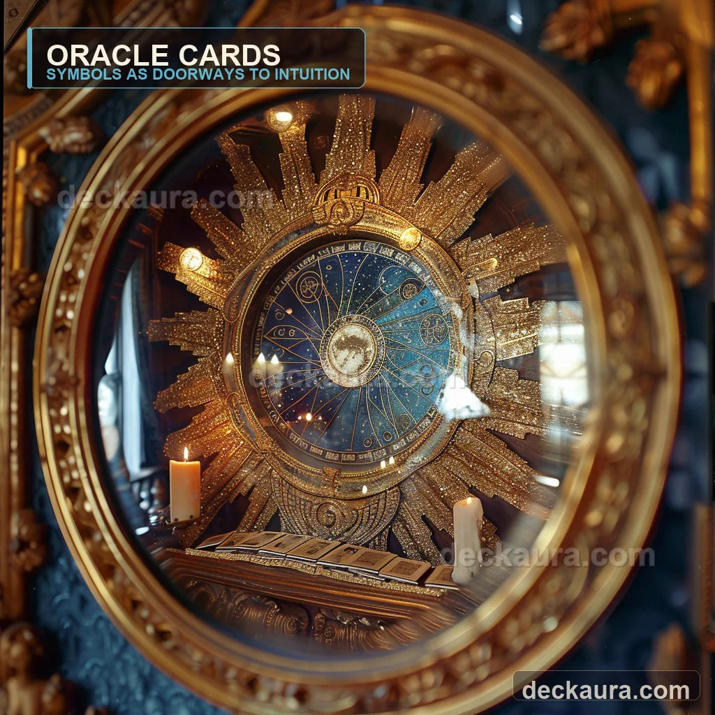 An ornate moon-and-star oracle portal opens above a symbolic card spread and white candles