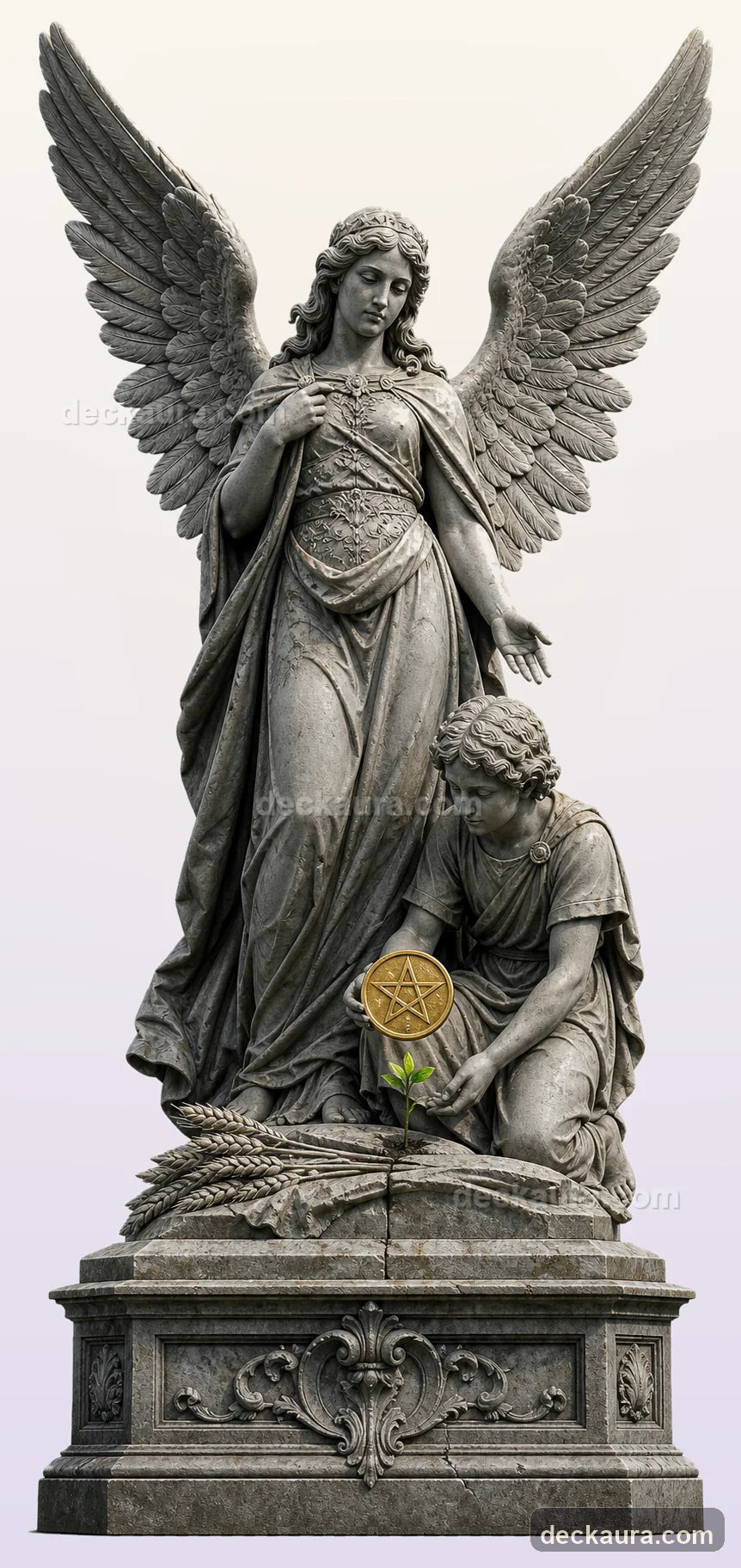 A youthful stone figure holds a golden pentacle above a new green sprout and gathered wheat
