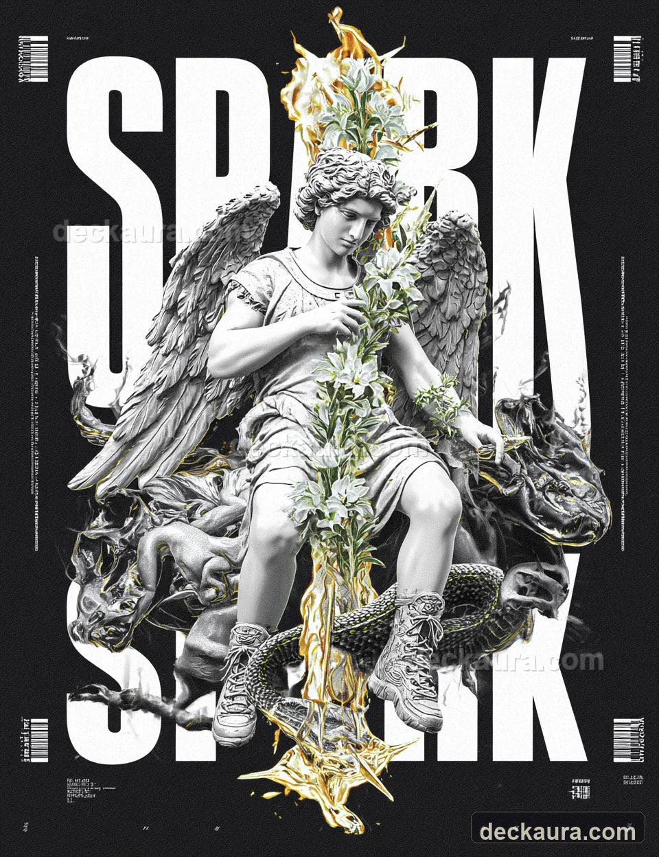 A winged stone youth holds a flowering flame wand before bold SPARK typography