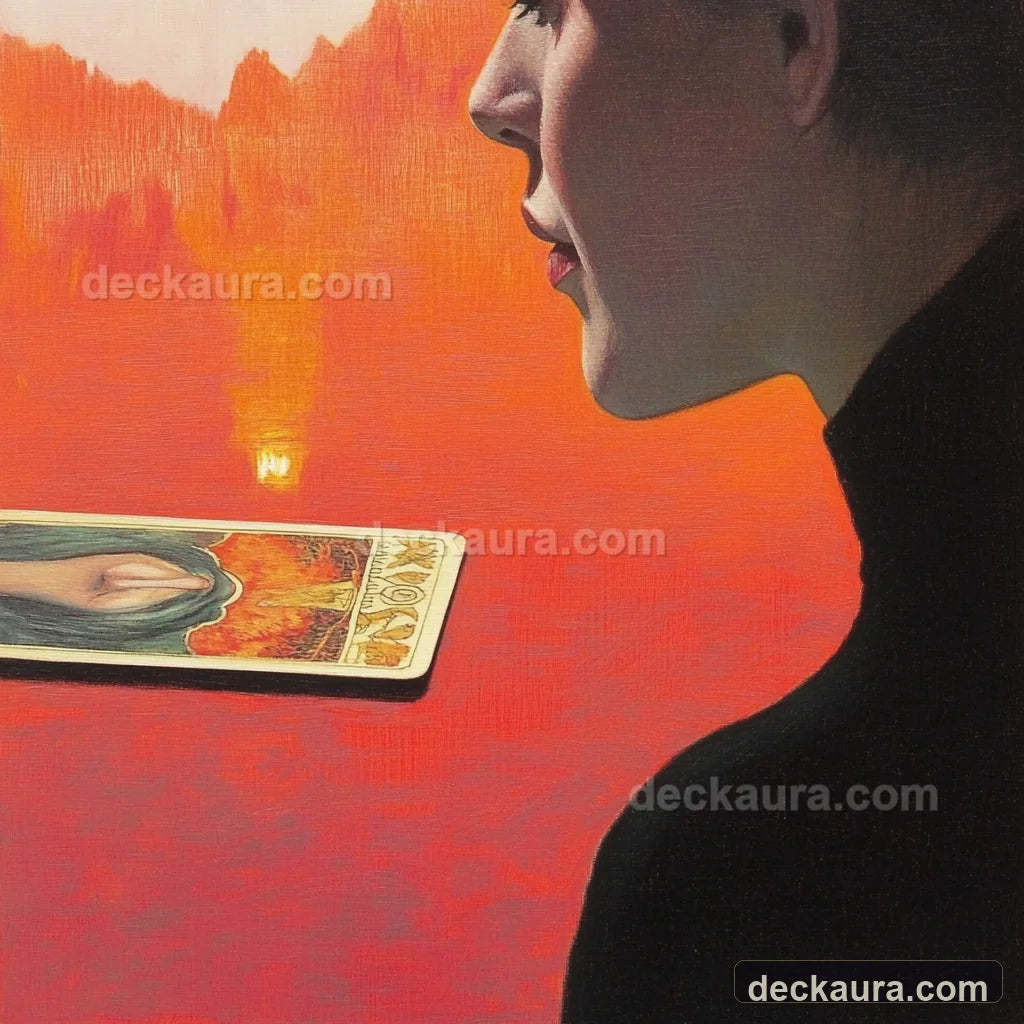 A side profile speaks a visible golden sound toward an antique tarot card