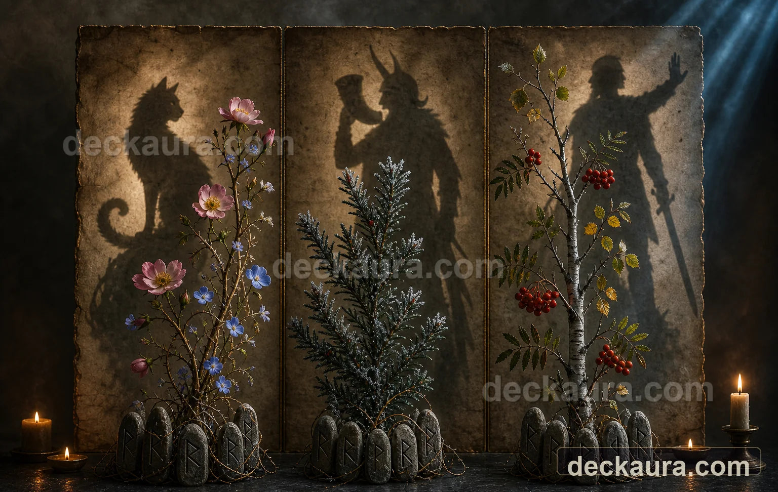 Three Nordic botanical talismans cast shadows of a cat, a horn-bearing guardian and a sword-bearing figure