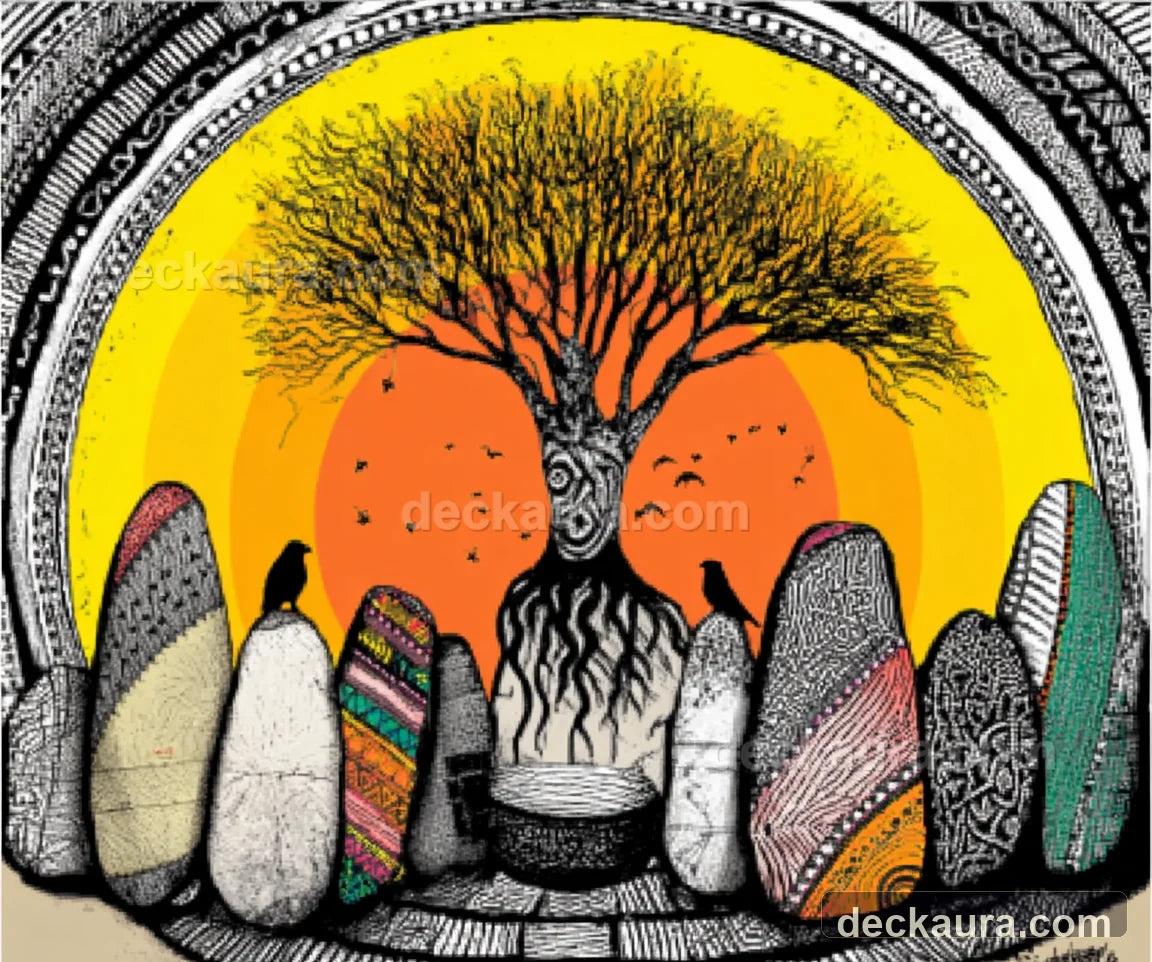 A geometric Yggdrasil altar surrounded by carved stones and two ravens at sunrise