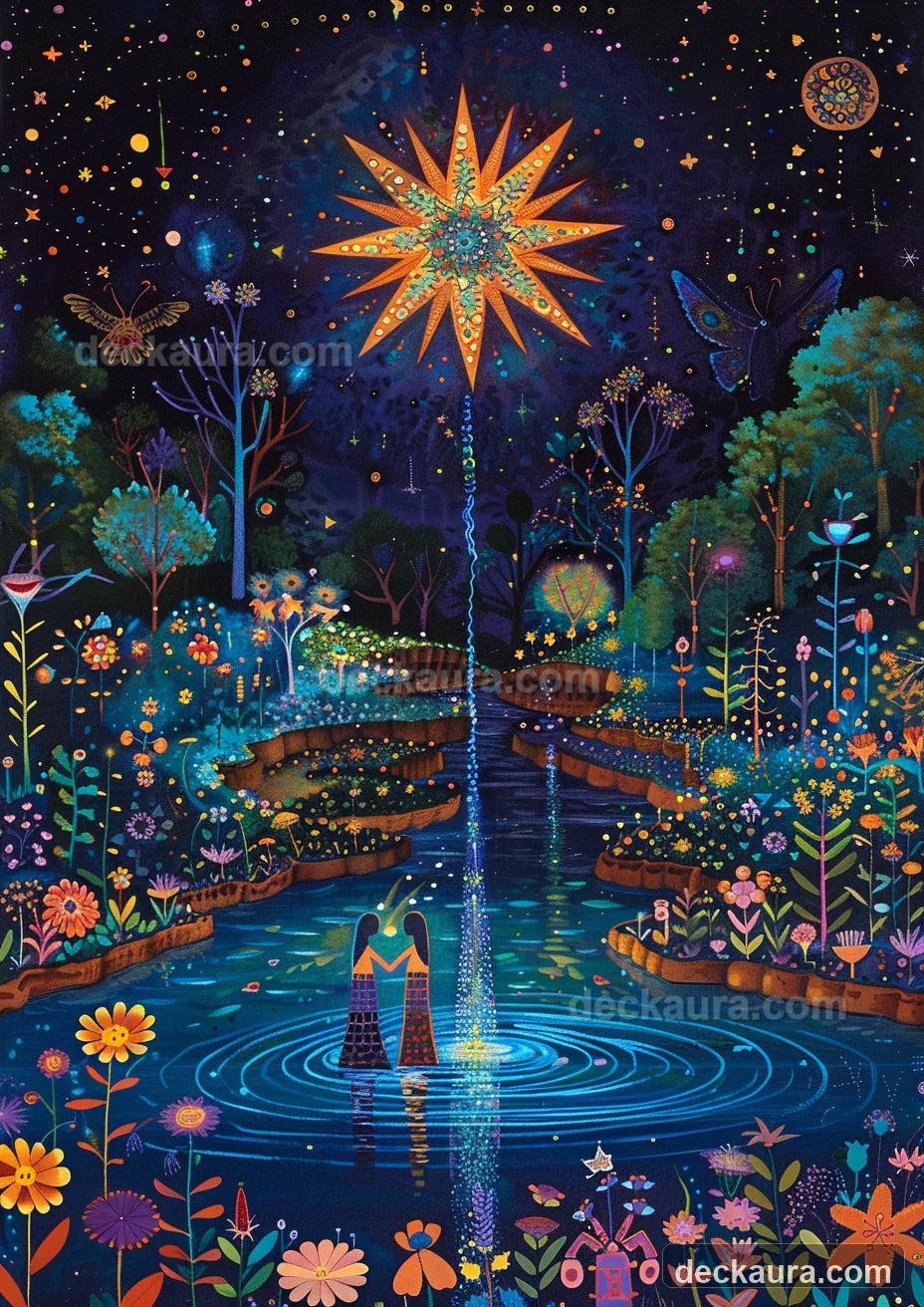 Two figures meet in a moonlit floral lake beneath one enormous radiant star