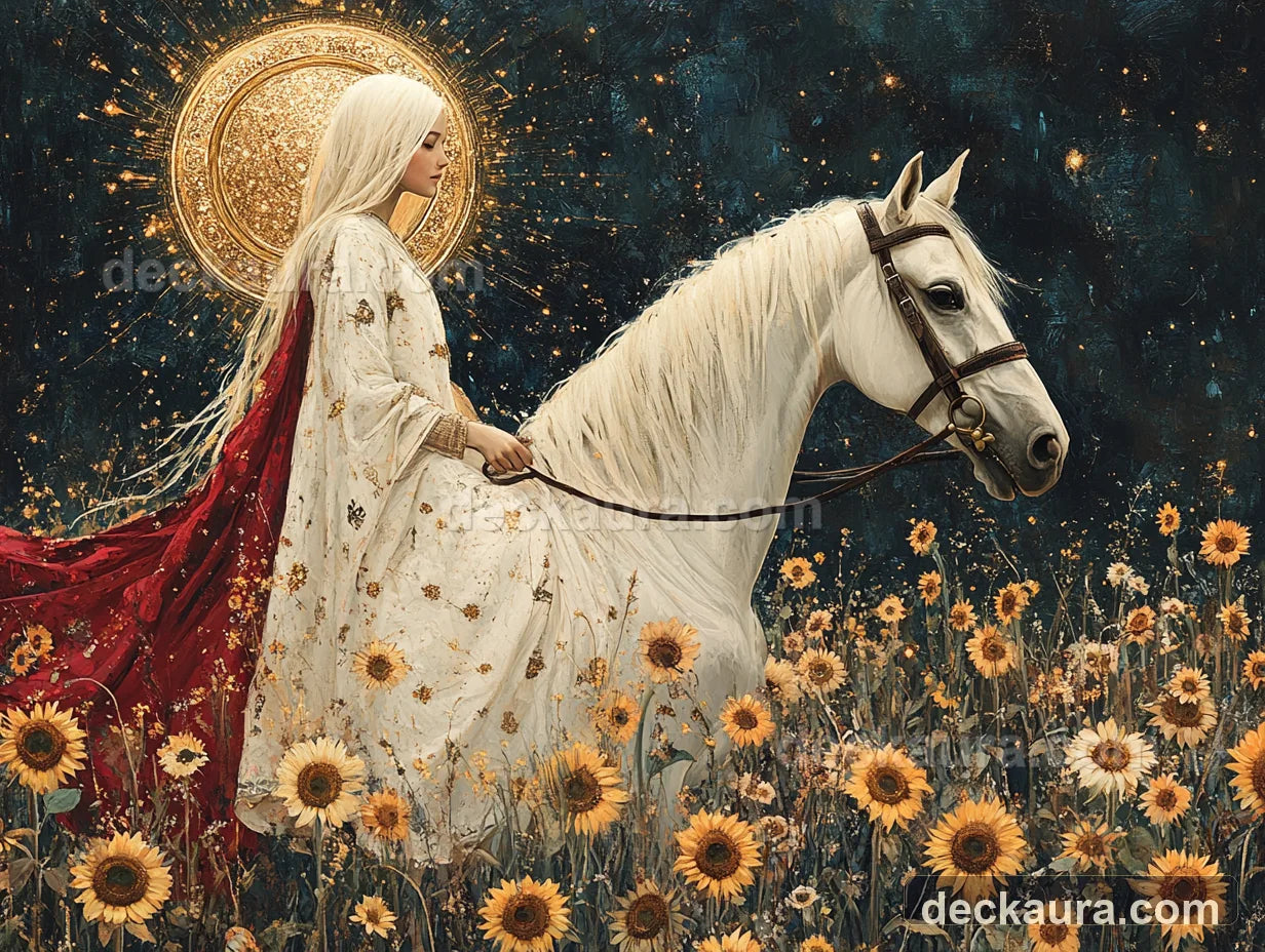 A luminous rider on a white horse crosses a sunflower field beneath a vast golden sun halo