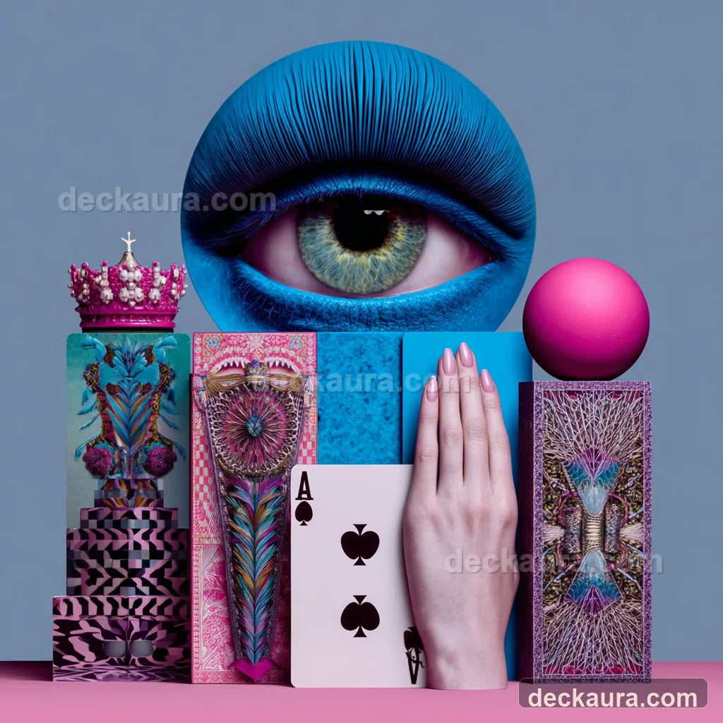 Tarot decks in several sizes displayed beside a playing card and human hand for scale