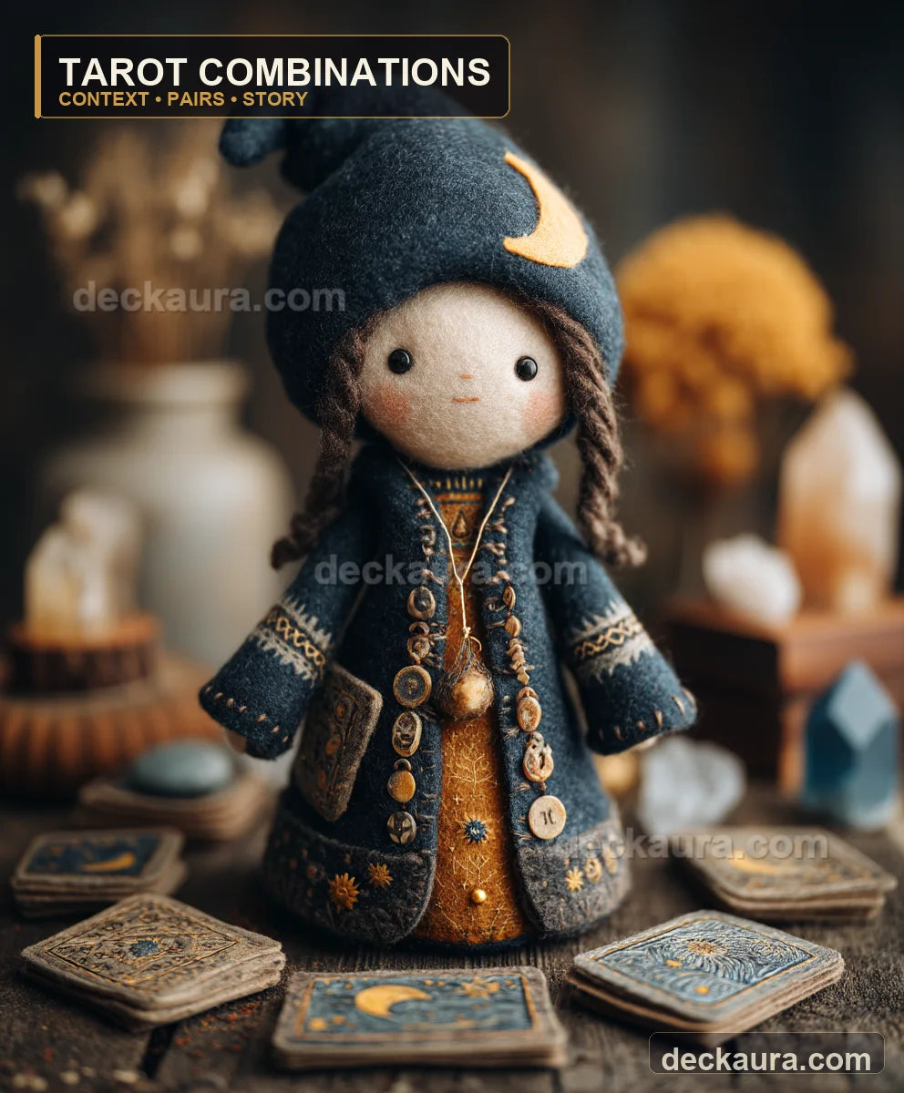 A handcrafted felt tarot storyteller stands among several moon and sun cards, crystals and symbolic charms