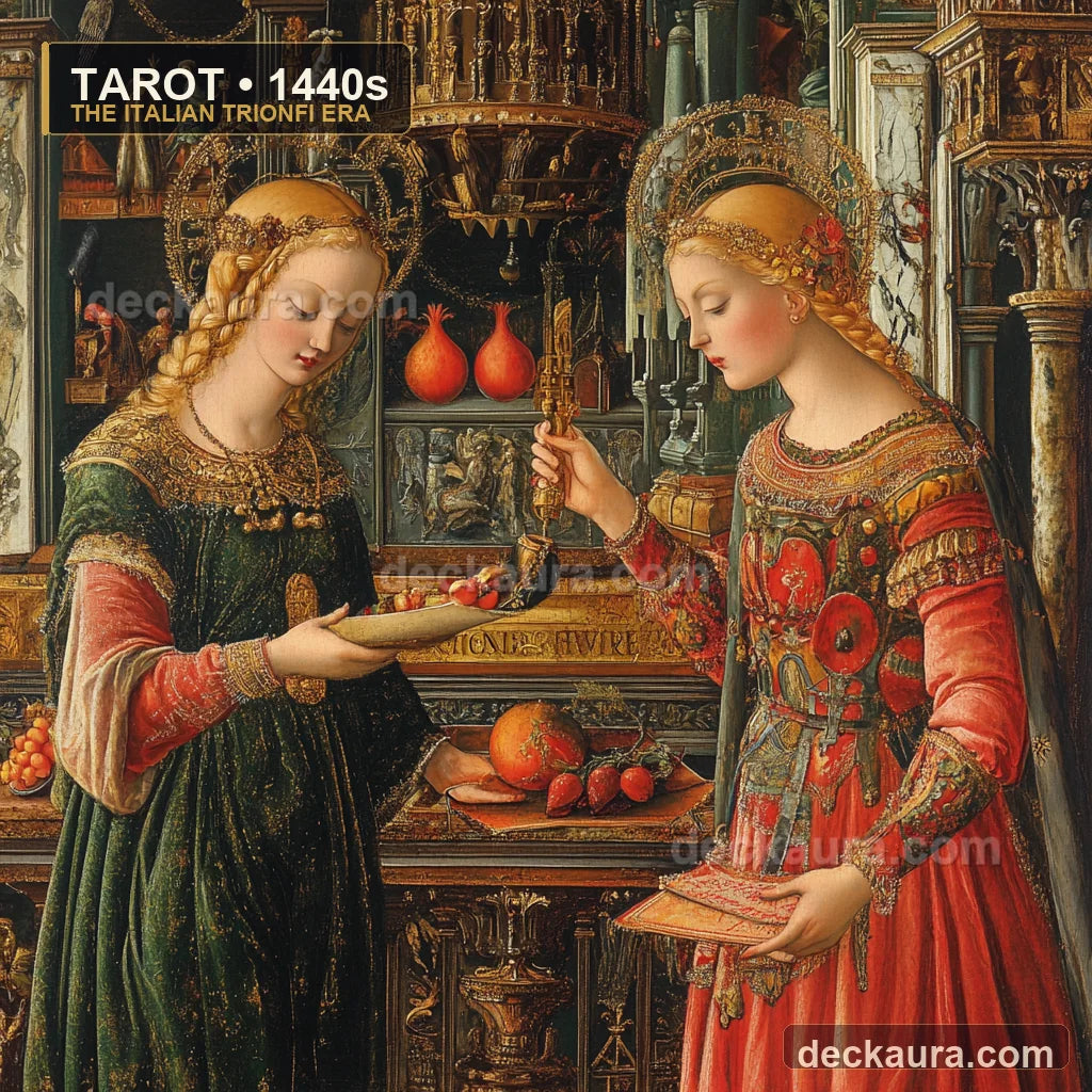 A richly detailed Italian Renaissance court scene labeled Tarot 1440s and the Italian trionfi era