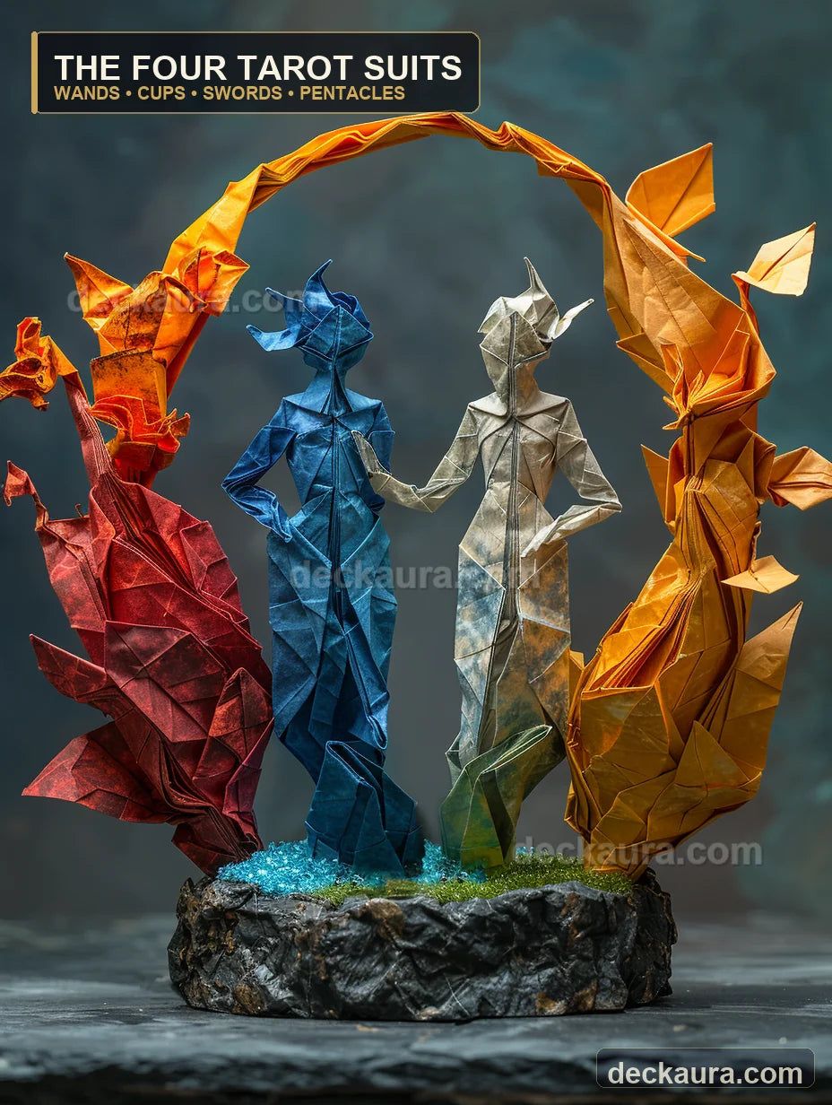 Four red, blue, silver and gold origami figures embody the four tarot suits