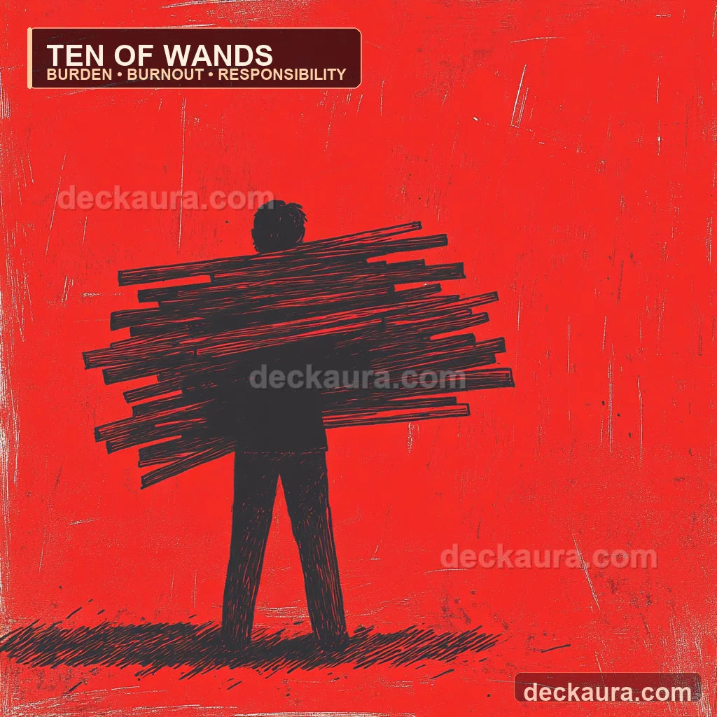 A lone figure is nearly hidden beneath an oversized bundle of dark staffs on a vivid red field
