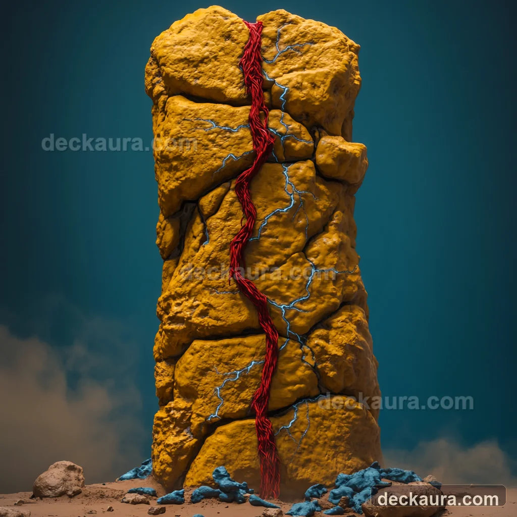 A cracked stone tower bound by a red thread while blue lightning glows inside its fractures