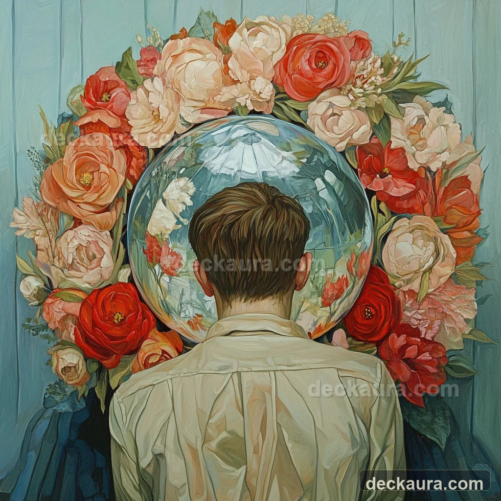 A person viewing their reflection inside a crystal globe framed by coral roses