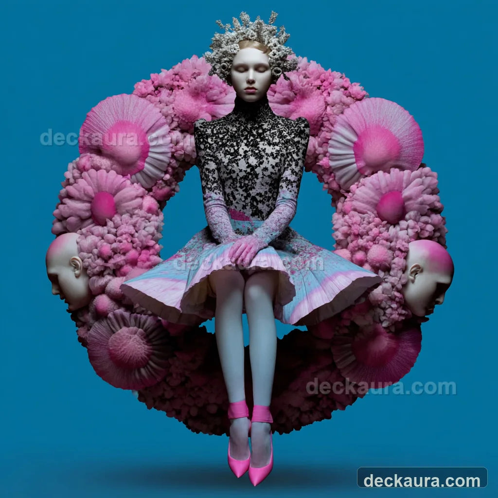 A crowned cosmic figure seated inside a flowering wreath with four guardian faces
