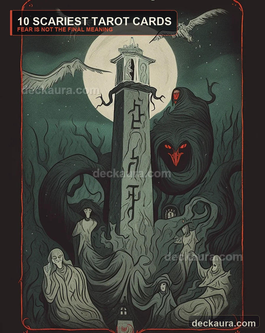 A dark illustrated tower is surrounded by ten ominous tarot archetypes beneath the title 10 Scariest Tarot Cards