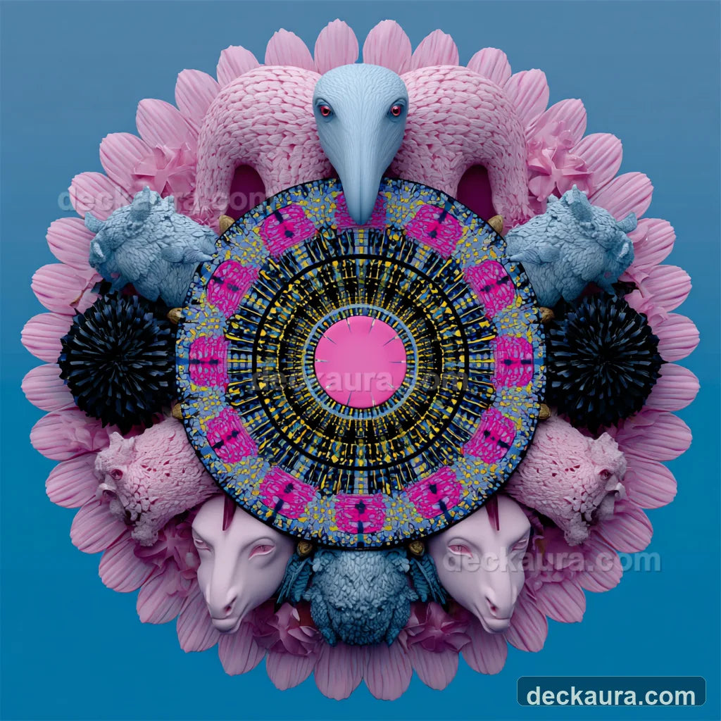 A geometric zodiac wheel surrounded by sculpted animal archetypes and pink petals