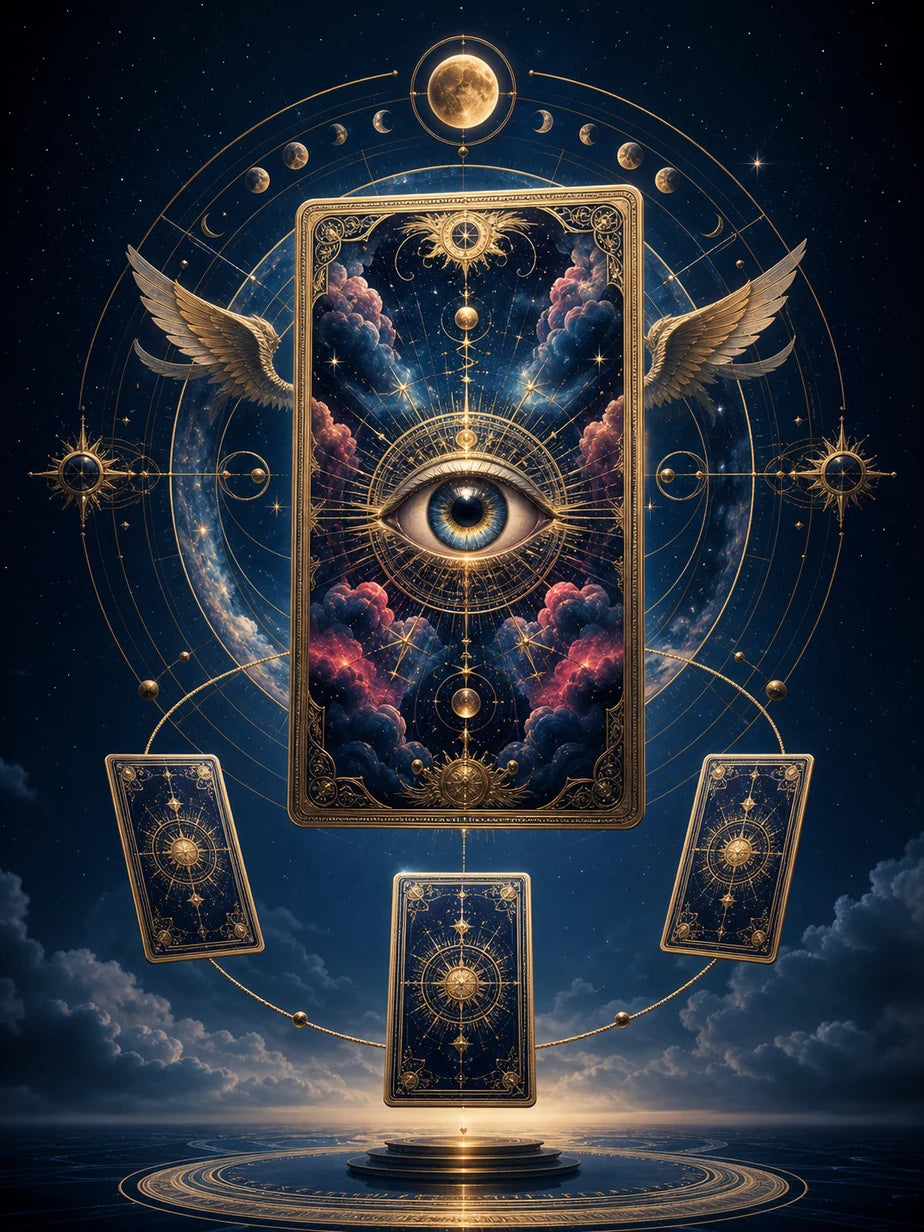A celestial eye inside an ornate tarot portal with three cards orbiting beneath moon phases