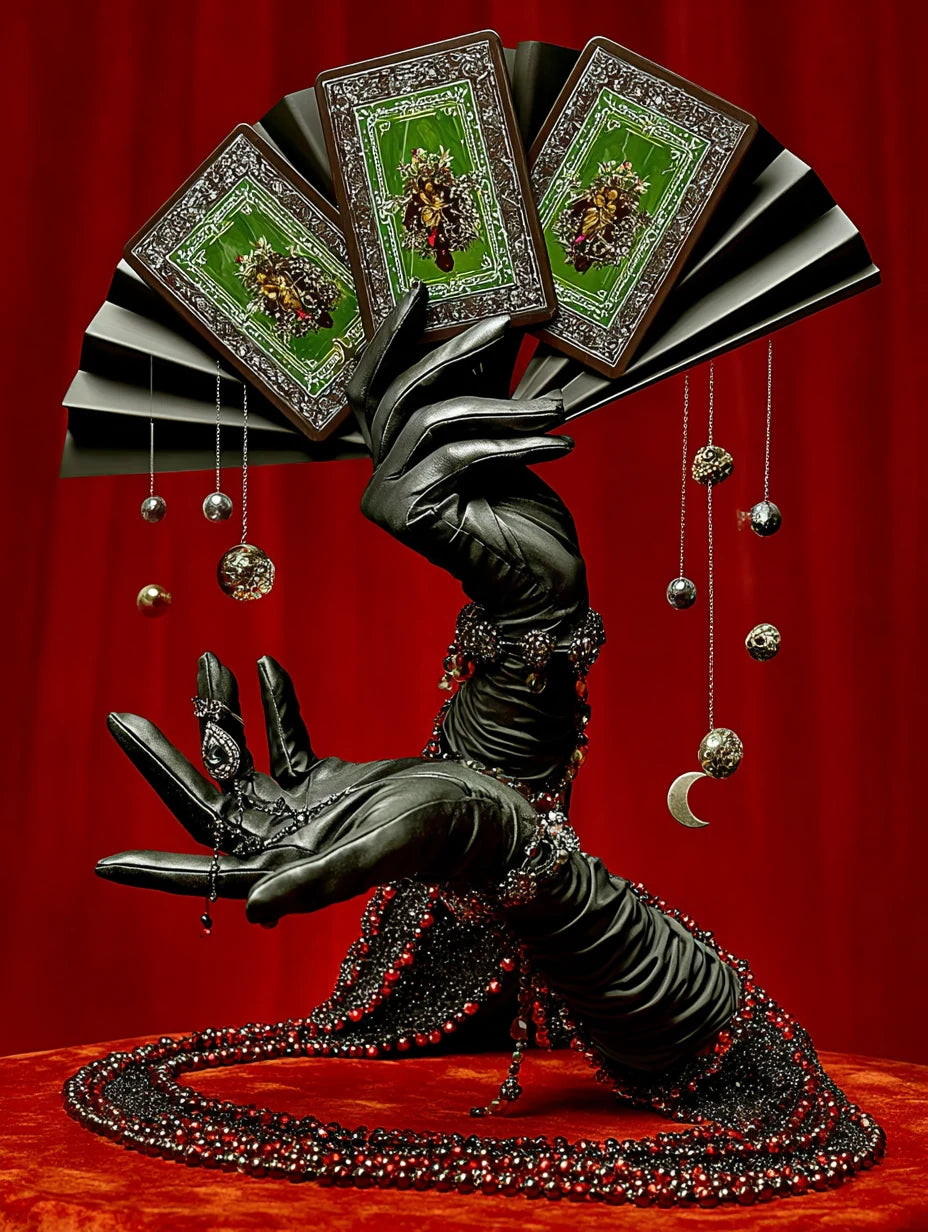 Black-gloved hands drawing three ornate tarot cards beneath suspended moon charms