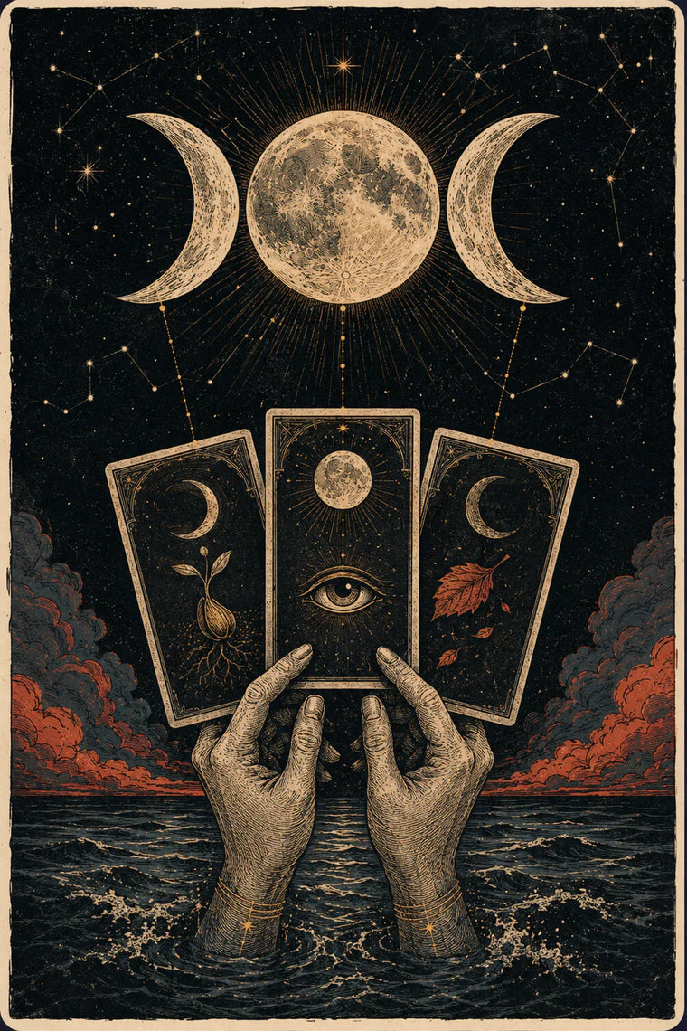 Hands revealing three lunar tarot cards beneath crescent and full moon symbols