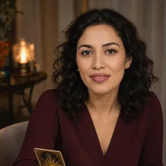 Selin, the Deckaura reader, at her table with tarot cards