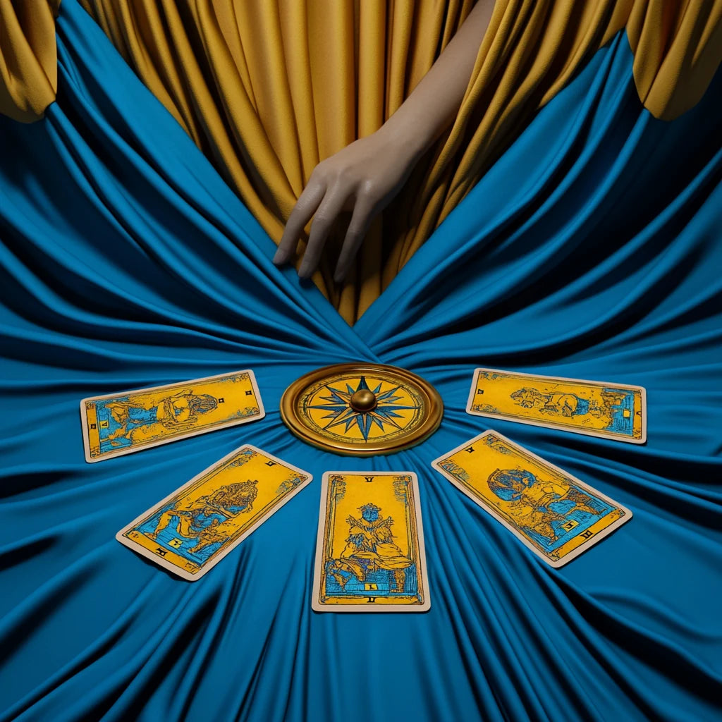 A hand, antique compass and tarot cards on blue and gold fabric for a horseshoe reading