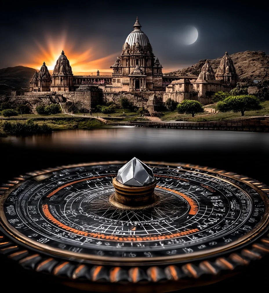 An ancient Indian temple at sunrise above an intricate Navagraha Jyotish astrolabe