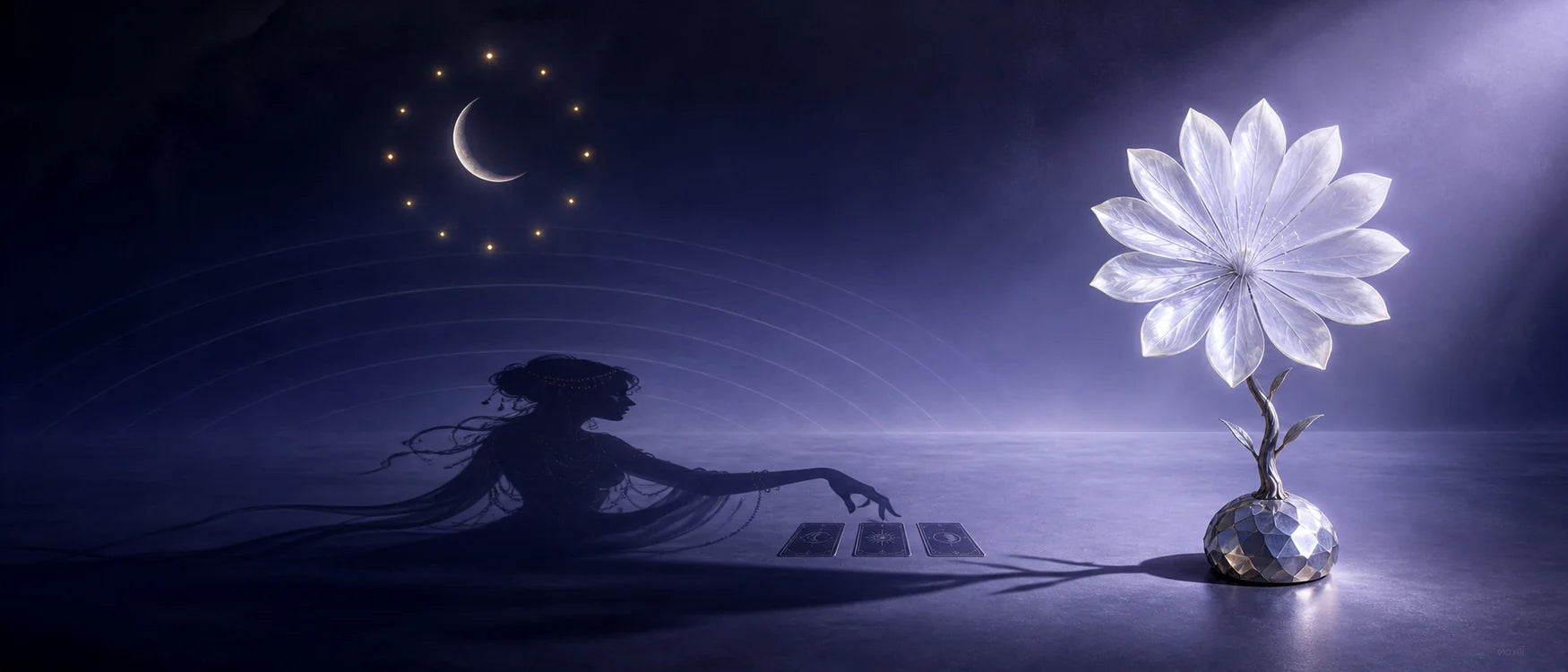 A moonflower and silver zodiac dial casting the shadow of a reader arranging three weekly tarot cards