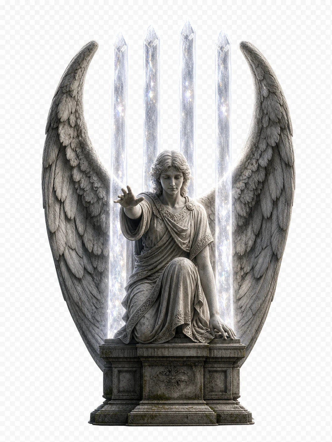 A winged marble angel reaching through four luminous crystal pillars that form an eleven-eleven gateway