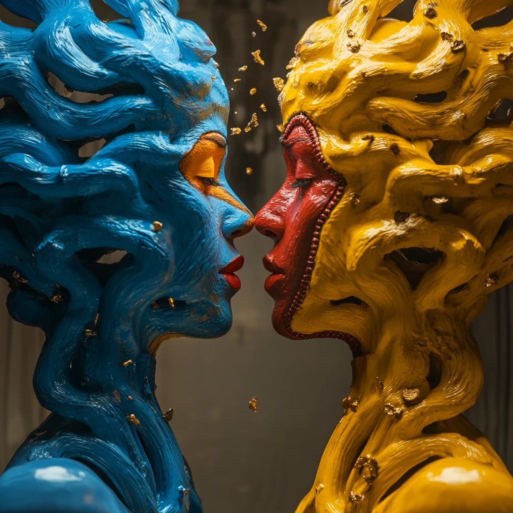 Two blue and golden sculptural faces meeting at the center as their flowing forms synchronize