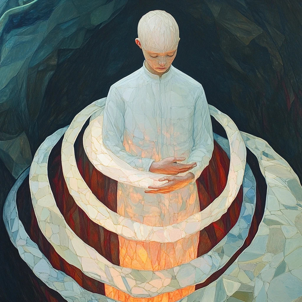 A contemplative figure surrounded by three luminous rings representing physical emotional and intellectual biorhythm cycles