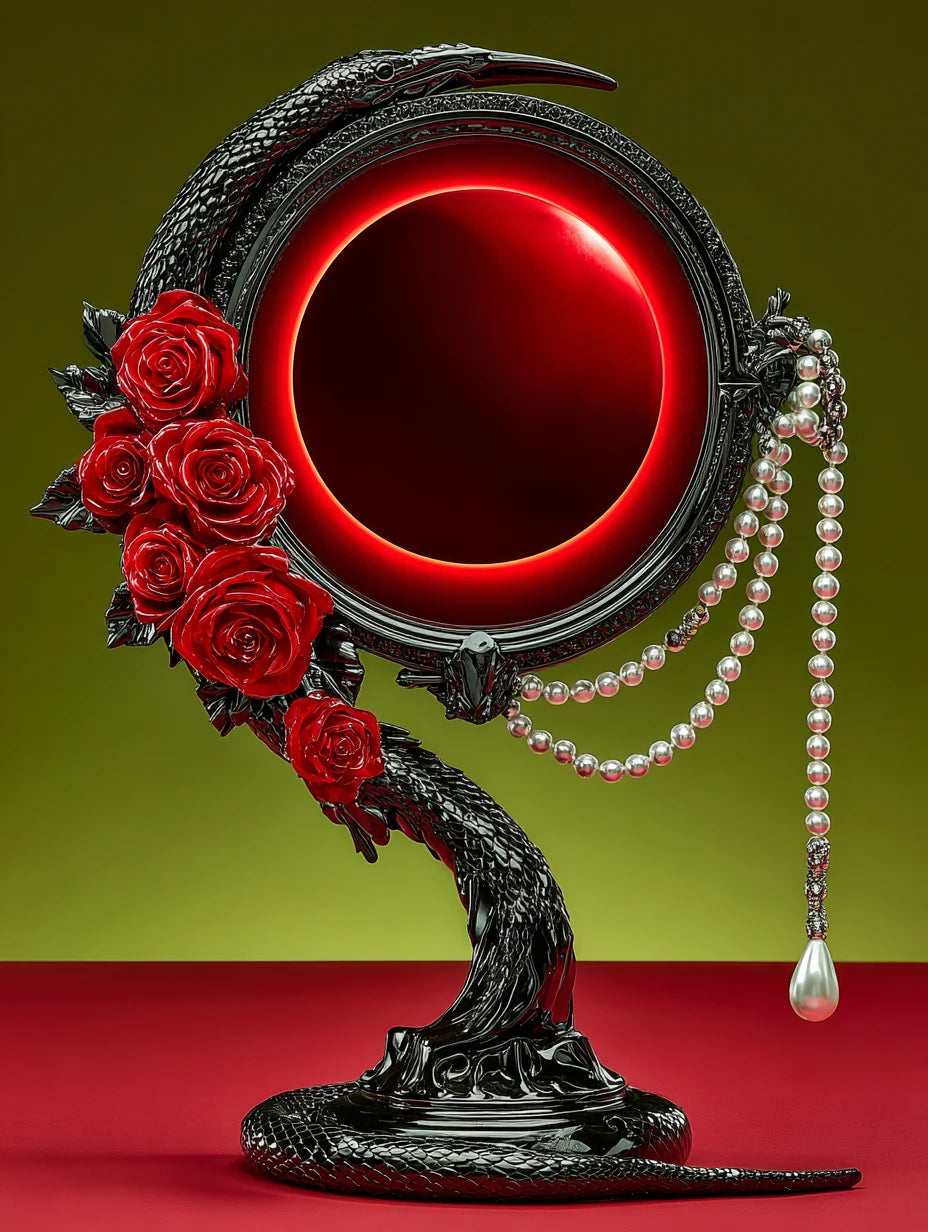 A glowing black moon eclipse inside an obsidian mirror entwined with a serpent, red roses, and pearls
