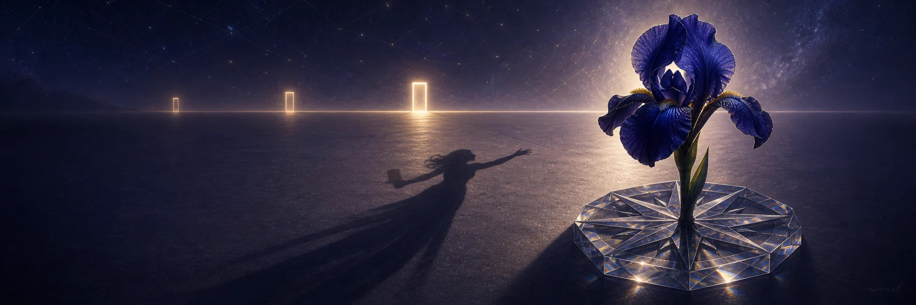 A crystal compass and midnight iris casting the shadow of a traveler choosing a new path