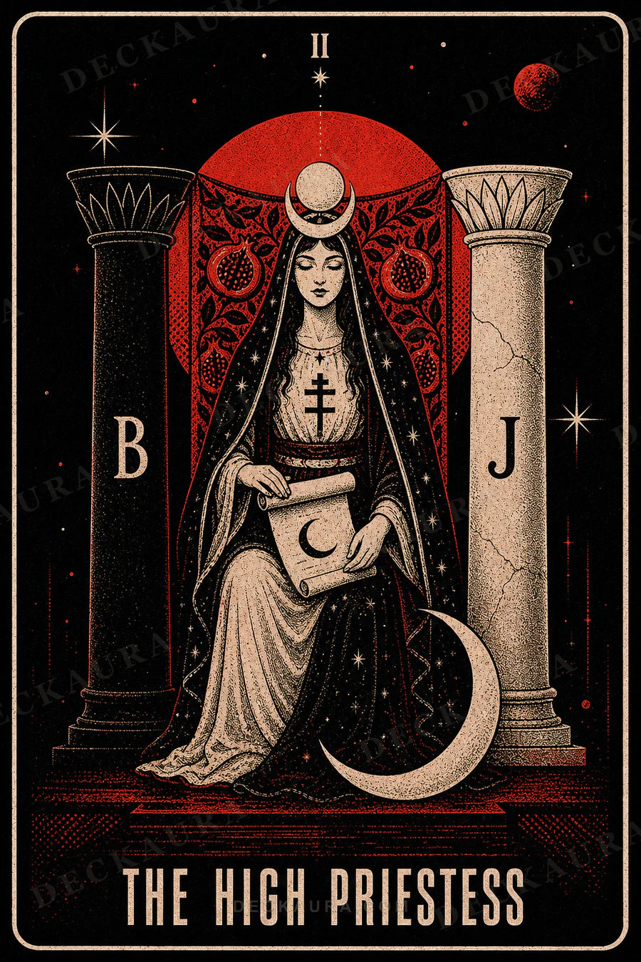 The High Priestess tarot card in Deckaura's red, black and ivory celestial artwork