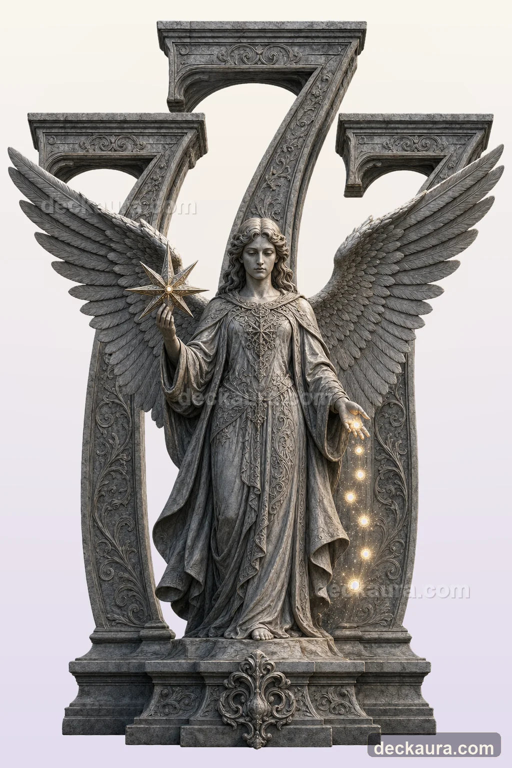 A monumental stone angel standing before three ornate sevens and releasing seven lights