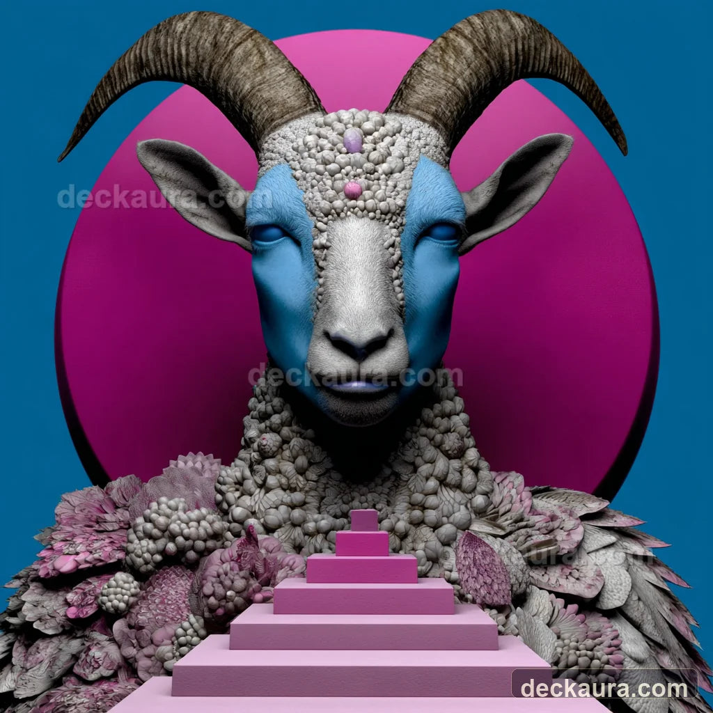 A celestial mountain goat before an ascending staircase and pink sun for Capricorn in the 12th house