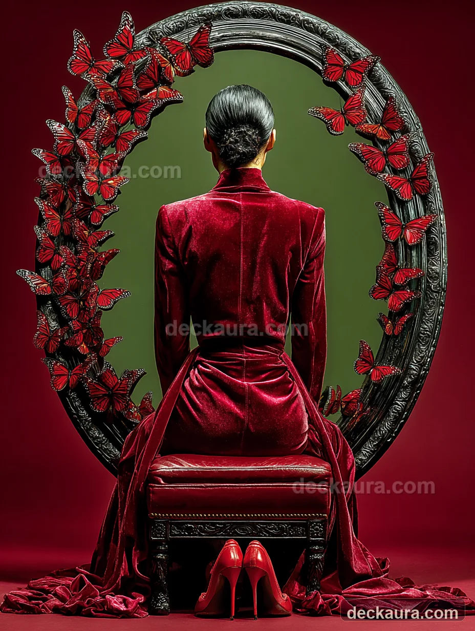 A person in crimson velvet faces an oval mirror surrounded by red and black butterflies