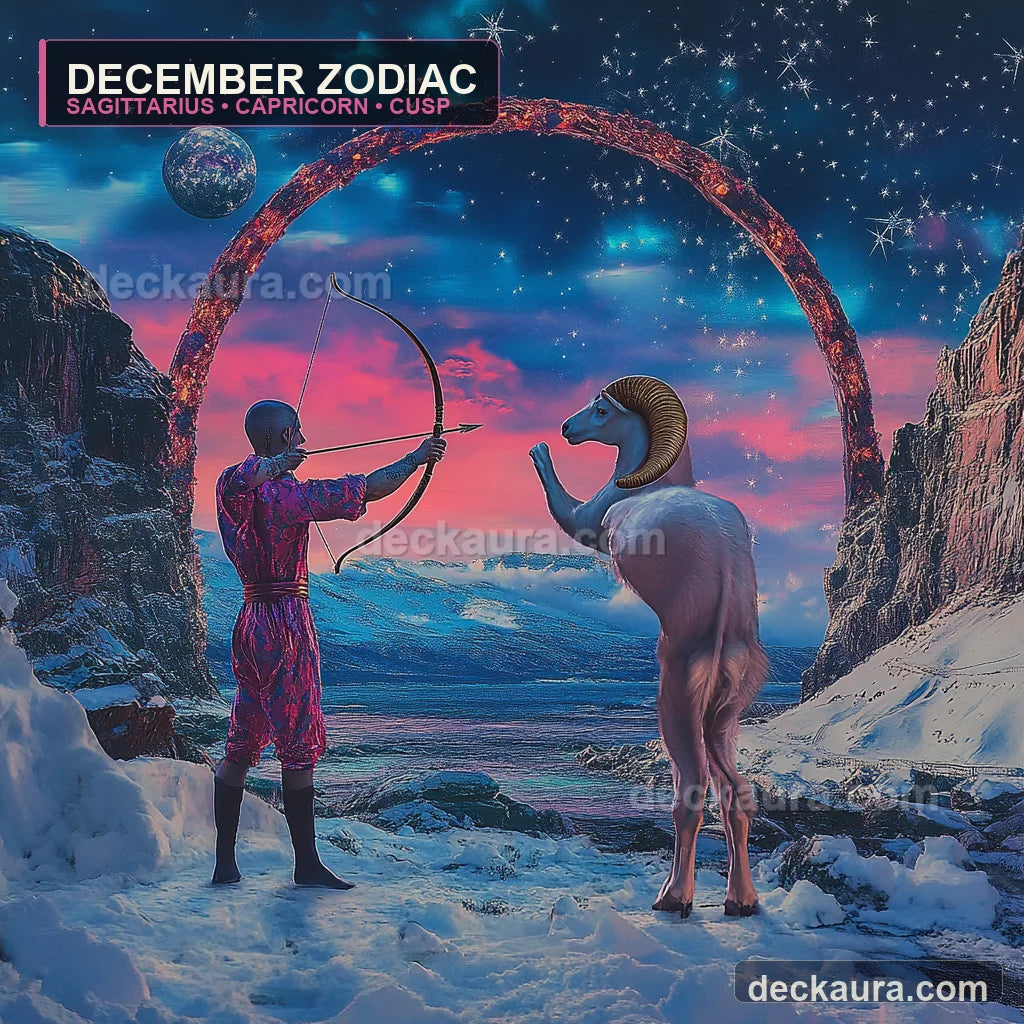 A winter archer and a horned Capricorn goat meet beneath a glowing cosmic gateway in the snow