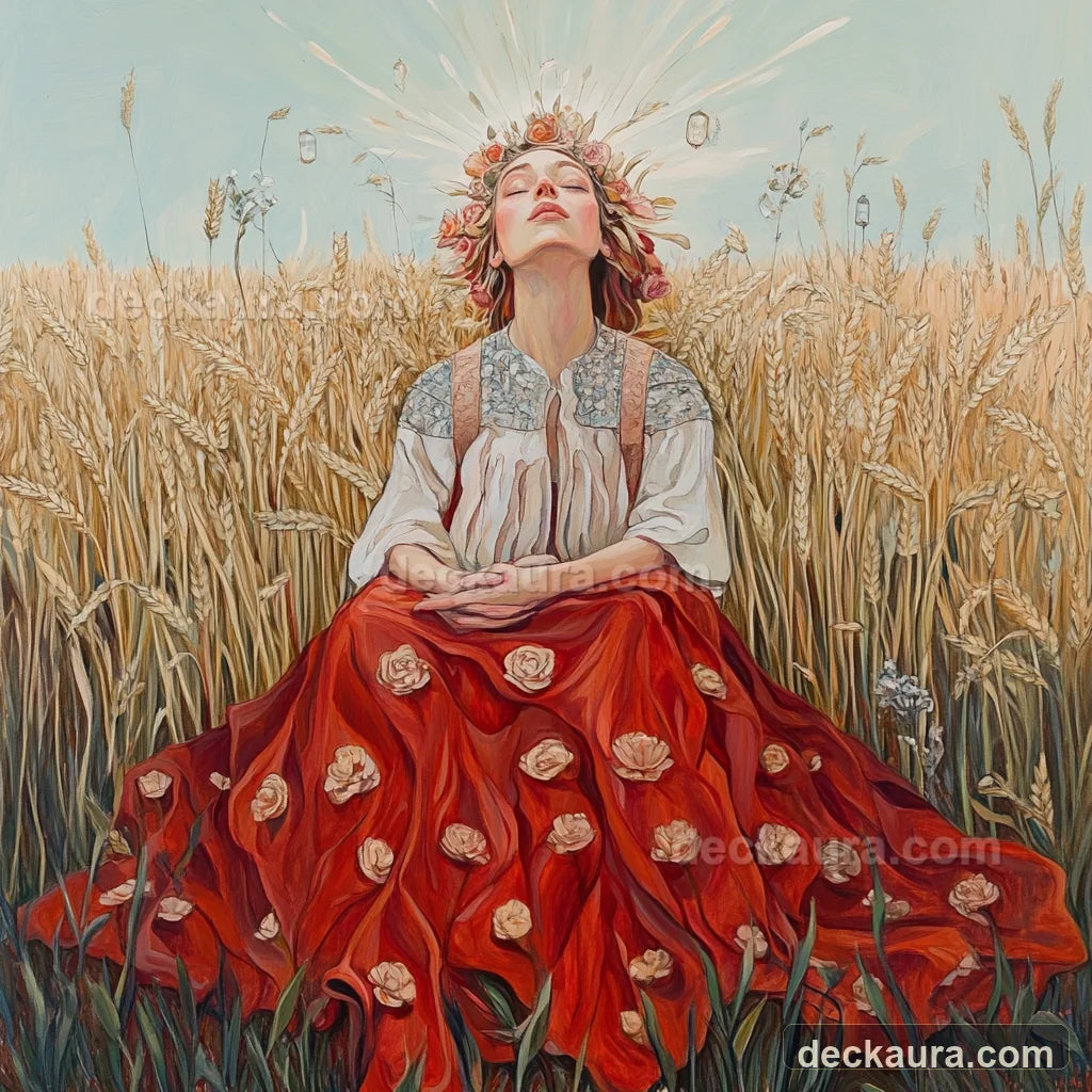 A regal Empress crowned with roses sits in a golden wheat field wearing a living flower gown